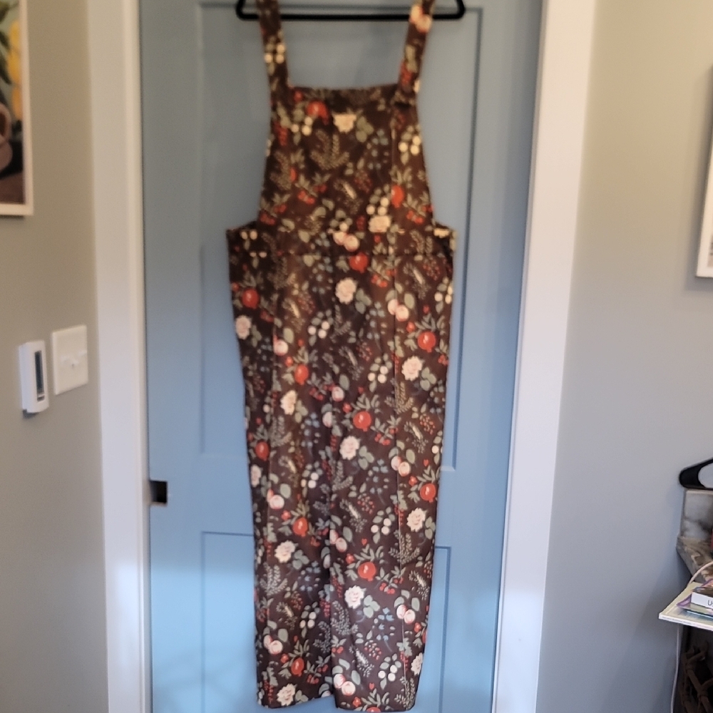 Cider Floral Brown Midi Jumpsuit with Red and Cream Flowers
